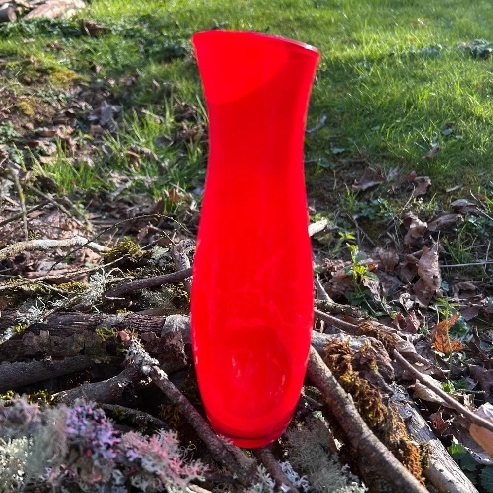 Slender Red Glass Vase Made in Poland 10" inch Tall Translucent Glass Drop Rim - Picture 2 of 8